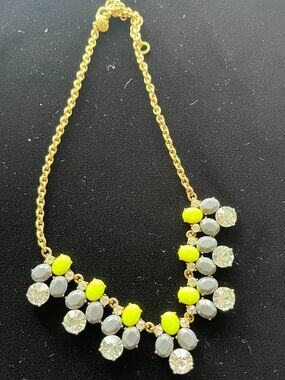 JCrew Neon Green & Gray Rhinestone Statement Necklace Gold Tone 